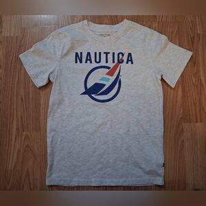 NAUTICA Graphic Tee with Navy Print.  Boys. Size 10.  Heather Gray & Navy Blue